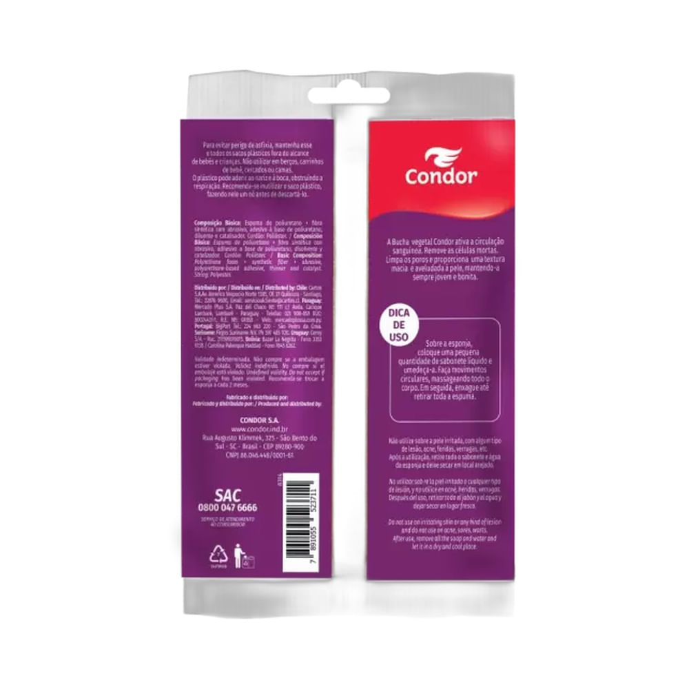 Verso da embalagem da Bucha Vegetal para Banho Condor com informações do produto